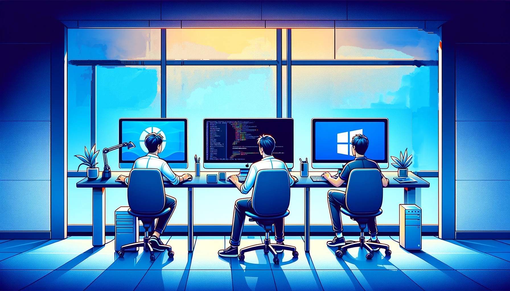 3 People sitting at computers with different Operating Systems.